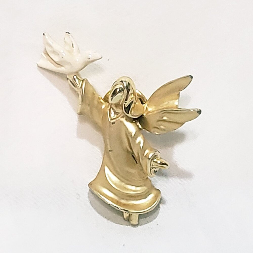 Gigi Giusti Guardian Angle Dove Brooch Pin 1" Gold-Tone Brushed and Glossy